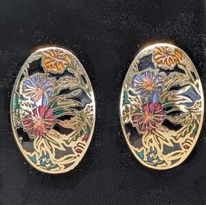 Gorgeous Cloisonne Floral Earrings Signed Siti Vintage Cottagecore